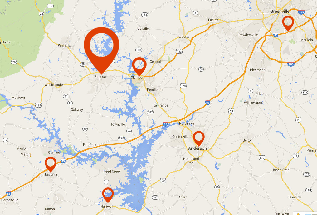 image show map of Porch Conversion of Seneca service areas in South Carolina and Georgia